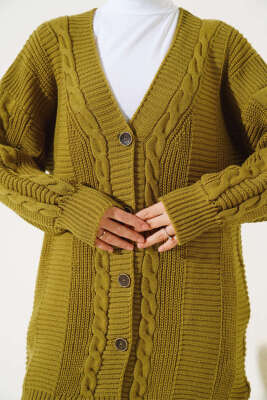 Sarmal Desen Detaylı Triko Hırka Yağ Yeşili - Hırka