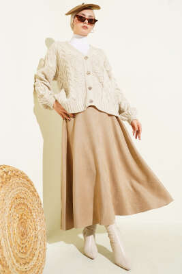 Sarmal Desen Düğmeli Kısa Triko Hırka Bej - Hırka