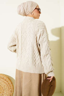 Sarmal Desen Düğmeli Kısa Triko Hırka Bej - Hırka