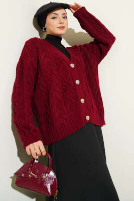 Sarmal Desen Düğmeli Kısa Triko Hırka Bordo 