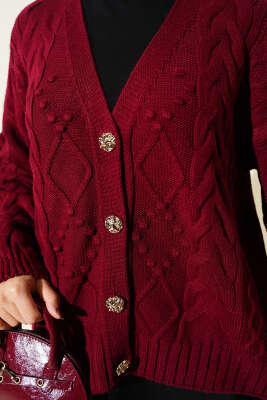 Sarmal Desen Düğmeli Kısa Triko Hırka Bordo - Hırka