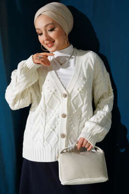 Sarmal Desen Düğmeli Kısa Triko Hırka Ekru - RAFİMİX