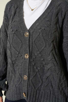 Sarmal Desen Düğmeli Kısa Triko Hırka Füme - Hırka