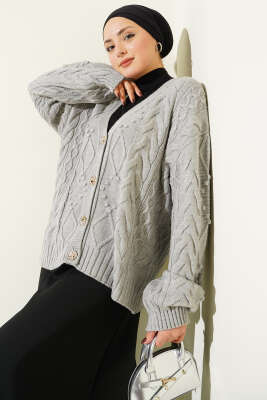 Sarmal Desen Düğmeli Kısa Triko Hırka Gri 