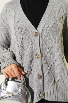 Sarmal Desen Düğmeli Kısa Triko Hırka Gri - Hırka