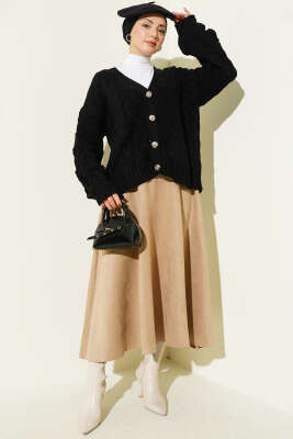 Sarmal Desen Düğmeli Kısa Triko Hırka Siyah - Hırka