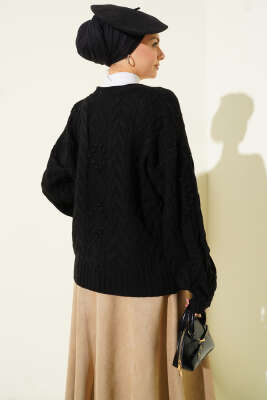 Sarmal Desen Düğmeli Kısa Triko Hırka Siyah - Hırka