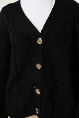 Sarmal Desen Düğmeli Kısa Triko Hırka Siyah - Hırka