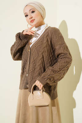 Sarmal Desen Düğmeli Kısa Triko Hırka Vizon - RAFİMİX