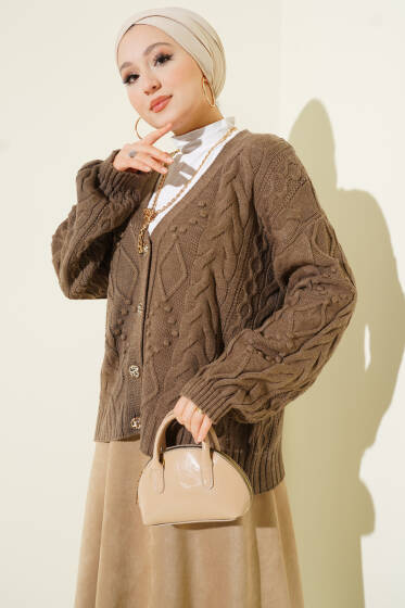 Sarmal Desen Düğmeli Kısa Triko Hırka Vizon - Hırka