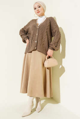 Sarmal Desen Düğmeli Kısa Triko Hırka Vizon - Hırka