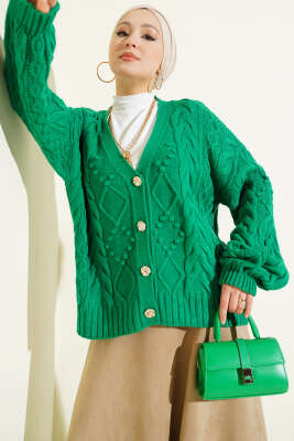 Sarmal Desen Düğmeli Kısa Triko Hırka Yeşil - RAFİMİX