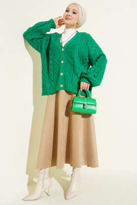 Sarmal Desen Düğmeli Kısa Triko Hırka Yeşil - Hırka