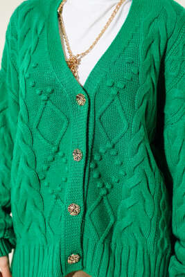 Sarmal Desen Düğmeli Kısa Triko Hırka Yeşil - Hırka