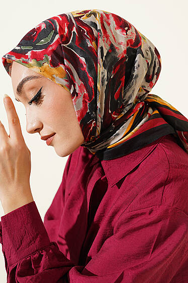 Sarmal Desen Elegance Eşarp Siyah Kırmızı - Başörtüsü