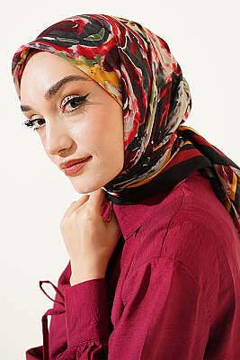 Sarmal Desen Elegance Eşarp Siyah Kırmızı - Başörtüsü