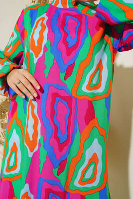 Sarmal Desenli Eteği Büzgülü Elbise Fuşya - Thumbnail
