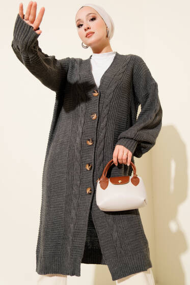 Sarmal Detaylı Düğmeli Uzun Triko Hırka Füme - Hırka