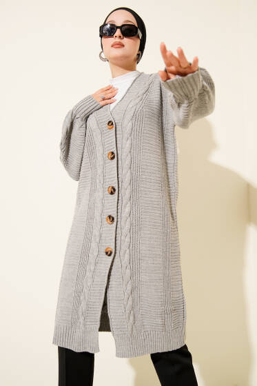Sarmal Detaylı Düğmeli Uzun Triko Hırka Gri - Hırka