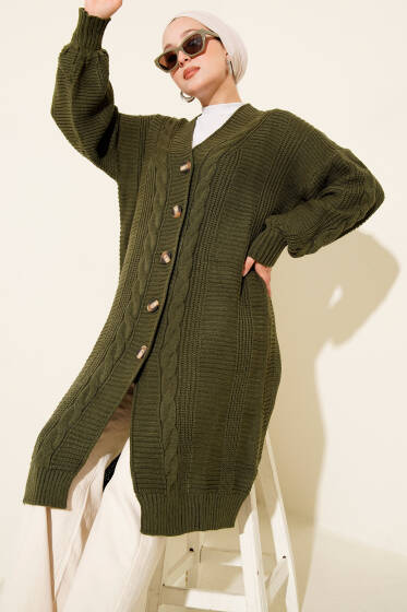 Sarmal Detaylı Düğmeli Uzun Triko Hırka Haki - Hırka