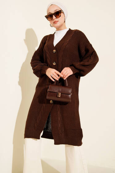 Sarmal Detaylı Düğmeli Uzun Triko Hırka Kahve - Hırka