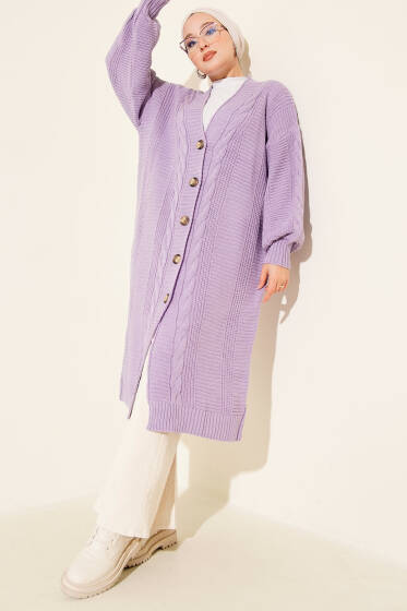 Sarmal Detaylı Düğmeli Uzun Triko Hırka Lila - Hırka