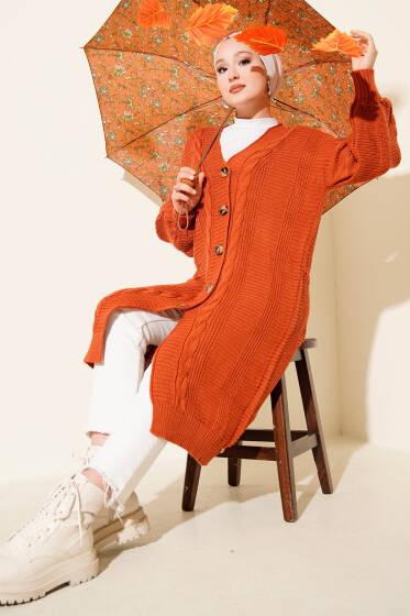 Sarmal Detaylı Düğmeli Uzun Triko Hırka Oranj - Hırka