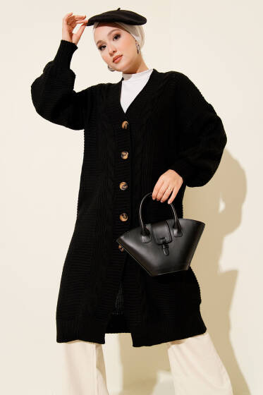 Sarmal Detaylı Düğmeli Uzun Triko Hırka Siyah - Hırka