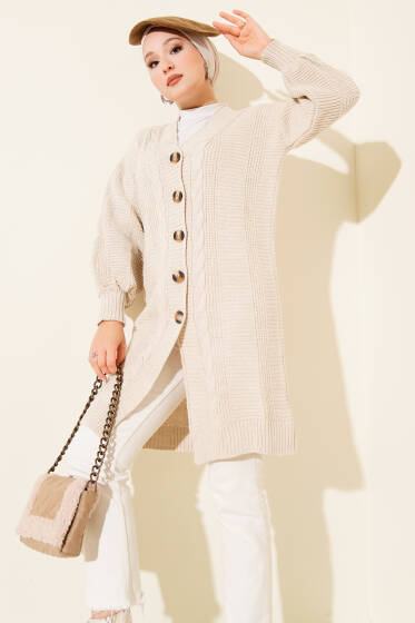 Sarmal Detaylı Düğmeli Uzun Triko Hırka Taş - Hırka