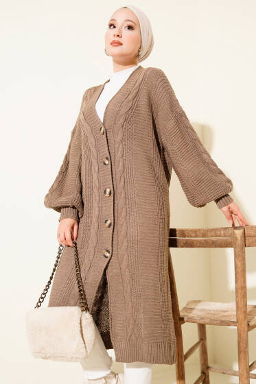 Sarmal Detaylı Düğmeli Uzun Triko Hırka Vizon - Hırka