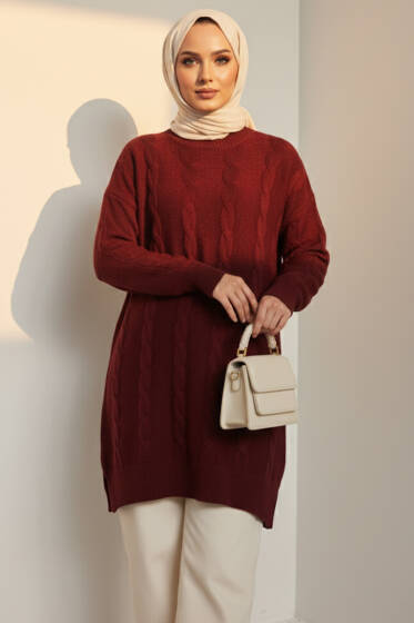 Sarmal Kabartmalı Yumoş Triko Tunik Bordo - Tunik