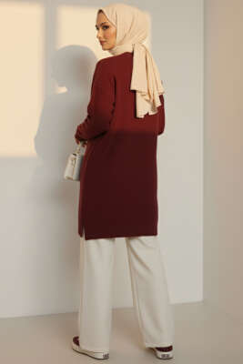 Sarmal Kabartmalı Yumoş Triko Tunik Bordo - Tunik