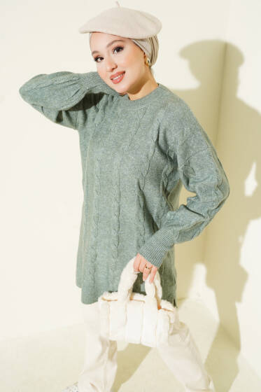 Sarmal Kabartmalı Yumoş Triko Tunik Çağla Yeşili - Tunik