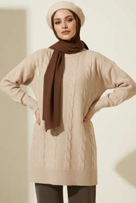 Sarmal Kabartmalı Yumoş Triko Tunik Latte - NESSİA