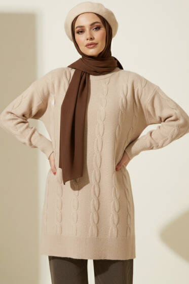 Sarmal Kabartmalı Yumoş Triko Tunik Latte - Tunik