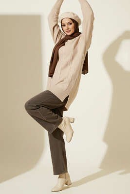 Sarmal Kabartmalı Yumoş Triko Tunik Latte - Tunik