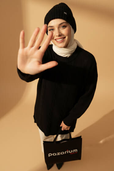 Sarmal Kabartmalı Yumoş Triko Tunik Siyah - Tunik