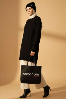 Sarmal Kabartmalı Yumoş Triko Tunik Siyah - Tunik