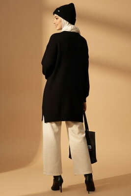 Sarmal Kabartmalı Yumoş Triko Tunik Siyah - Tunik