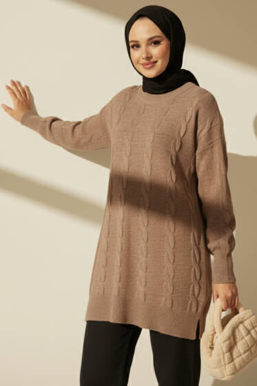 Sarmal Kabartmalı Yumoş Triko Tunik Vizon - Tunik