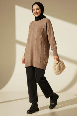 Sarmal Kabartmalı Yumoş Triko Tunik Vizon - Tunik