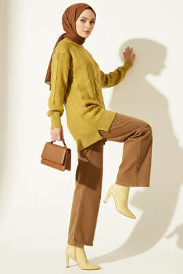 Sarmal Kabartmalı Yumoş Triko Tunik Yağ Yeşili - Tunik