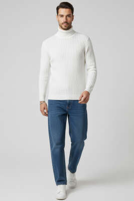 Sarmal Örgü Balıkçı Yaka Erkek Kazak Beyaz - Yeni Erkek Giyim