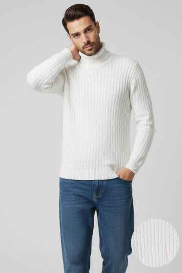 Sarmal Örgü Balıkçı Yaka Erkek Kazak Beyaz - Yeni Erkek Giyim