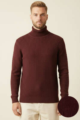 Sarmal Örgü Balıkçı Yaka Erkek Kazak Bordo - BETEKS