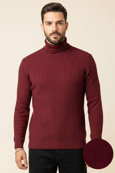 Sarmal Örgü Balıkçı Yaka Erkek Kazak Burgonya - Yeni Erkek Giyim