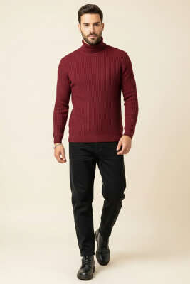 Sarmal Örgü Balıkçı Yaka Erkek Kazak Burgonya - Yeni Erkek Giyim