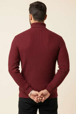 Sarmal Örgü Balıkçı Yaka Erkek Kazak Burgonya - Yeni Erkek Giyim