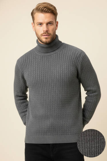 Sarmal Örgü Balıkçı Yaka Erkek Kazak Füme - Yeni Erkek Giyim