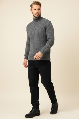 Sarmal Örgü Balıkçı Yaka Erkek Kazak Füme - Yeni Erkek Giyim